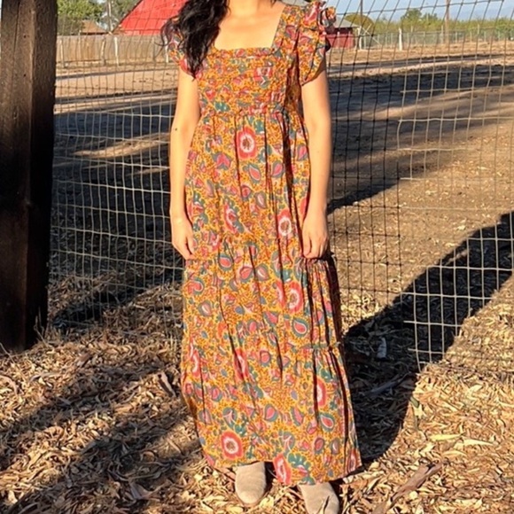 House of Harlow 1960 Jackie Mustard Floral Print Smocked Maxi Dress - Picture 3 of 13